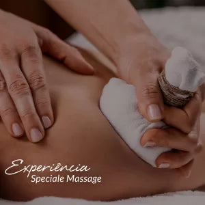 Capa do produto experiência speciale massage no speciale spa representado por uma foto de um ombro sendo massageado por duas mão, com uma delas segurando uma trouxa branca amarrada com um fio marrom apoiadano ombro