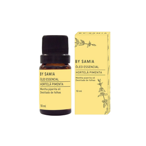 Imagem do produto Óleo Essencial de Hortelã-Pimenta (Menta). Uma embalagem de vidro de conta-gota com uma tampa de rosca preta. Uma etiqueta amarela está colada na embalagem e nome, descrição e propriedades do produto estão escritos. Ao lado, uma embalagem quadrada amarela, com ilustrações de ramos de hortelã e nome, descrição e propriedades do produto estão escritas