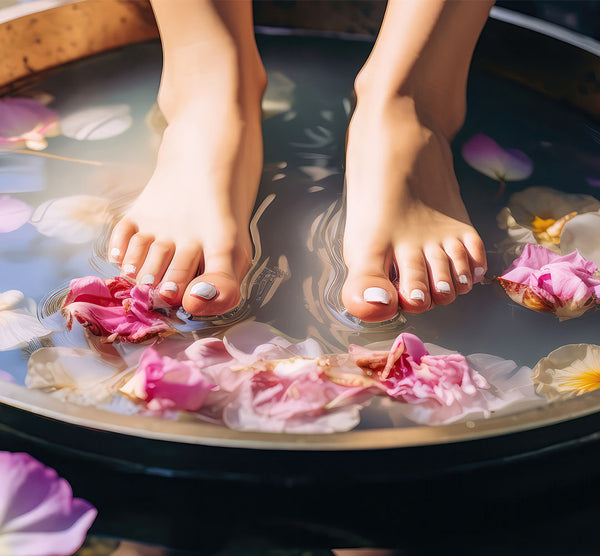 Como parte da experiência do Day Spa casal harmonia a foto mostra pés parcialmente mergulhados na água com flores rosas em uma bacia